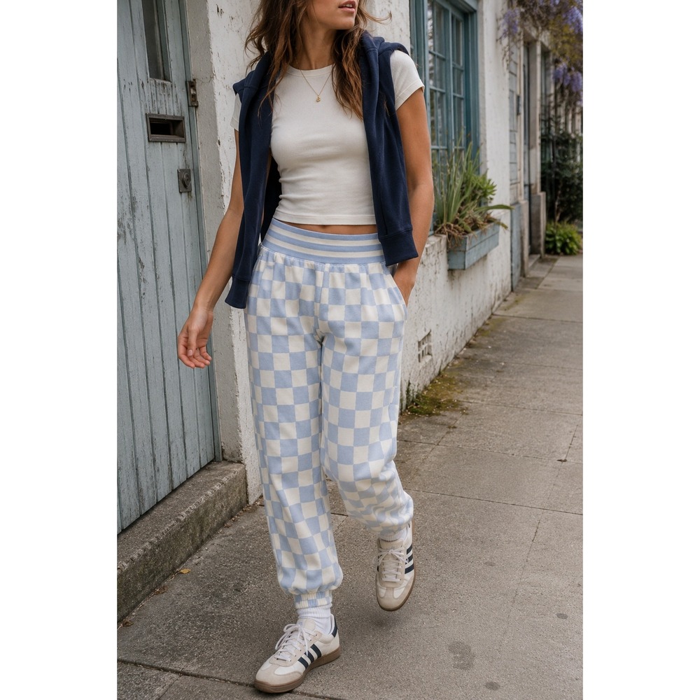 Marine Layer Checkerboard Fleece Jogger Sweatpants Blue Cream Pockets XS